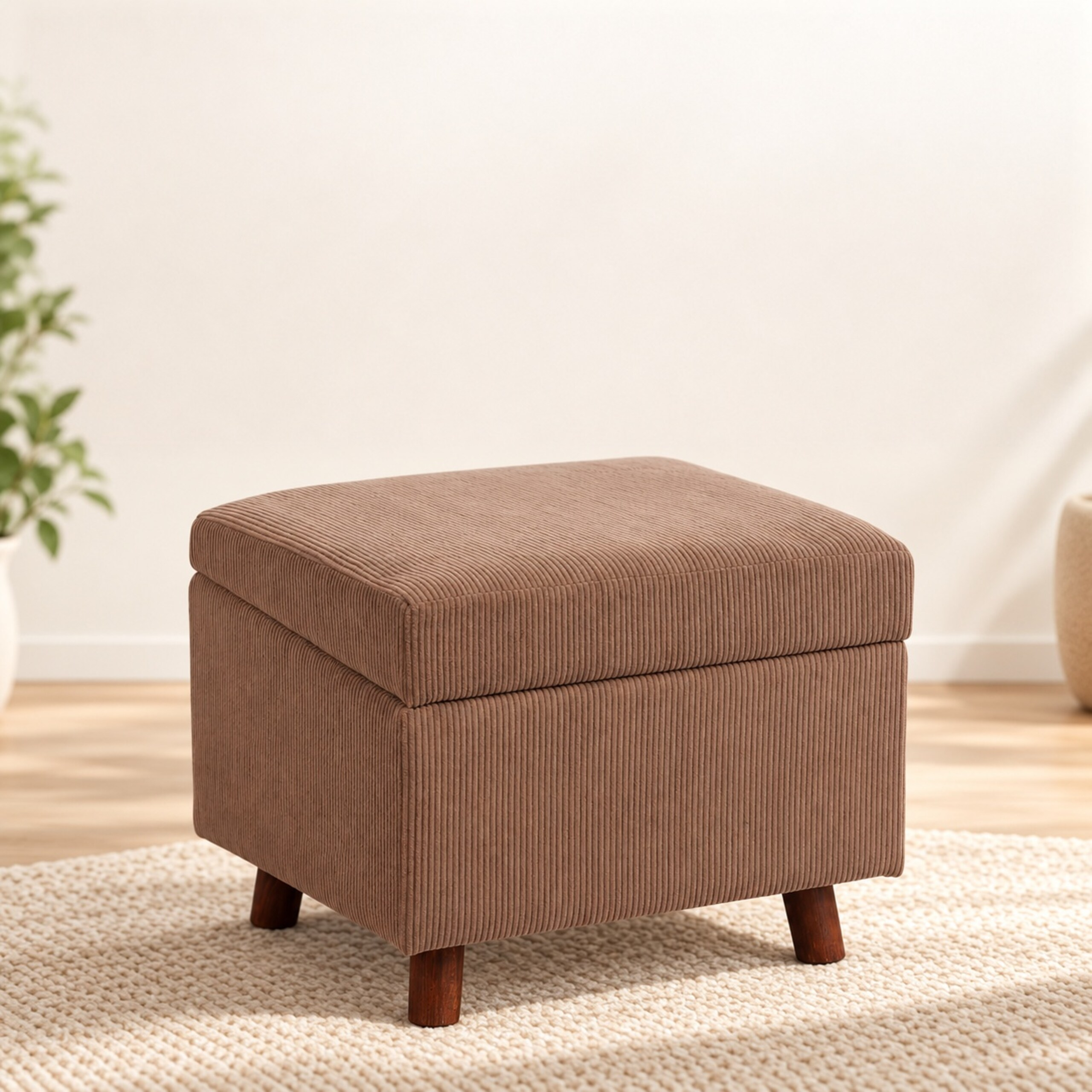 Brauner Cord-Hocker auf hellem Teppich in einem Raum.