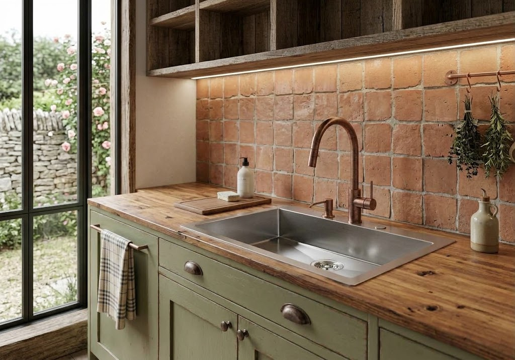 Cucina rustica con bancone in legno, rubinetto in rame, lavello in acciaio inox e piastrelle in terracotta.