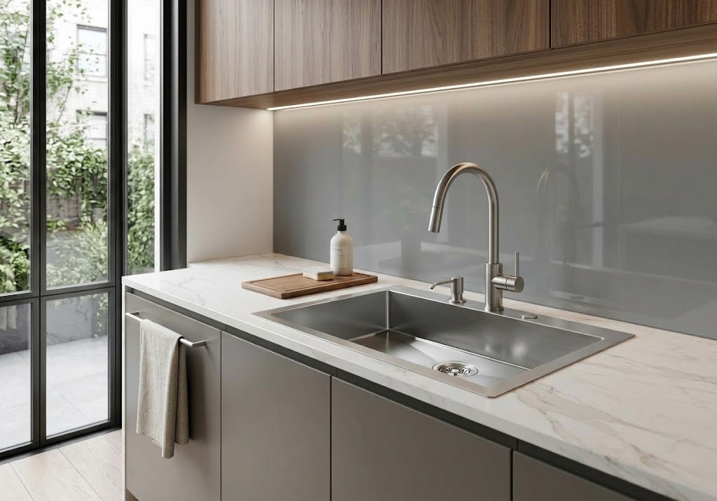 Cucina moderna con lavello in acciaio inox, piani di lavoro bianchi, mobili grigi e grande finestra sul giardino.