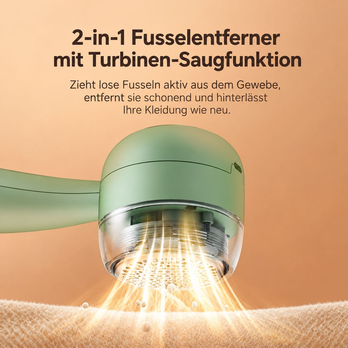 Ein grüner 2-in-1-Fusselentferner schwebt über Stoff; leuchtende Linien zeigen, wie Fussel abgesaugt werden.
