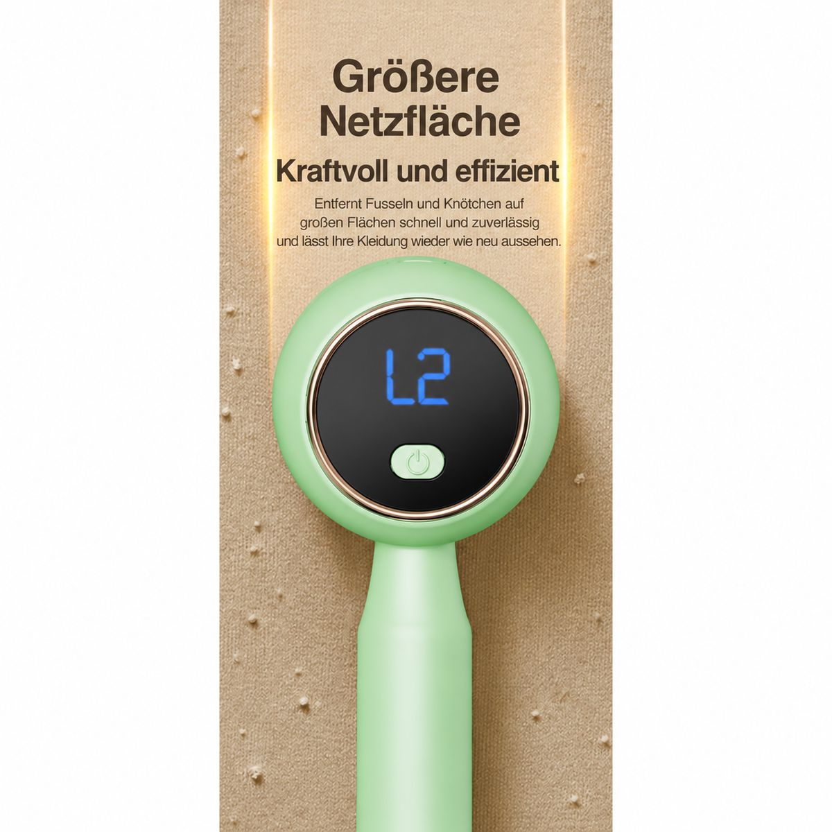Grüner Fusselrasierer mit digitalem Display auf beigem Stoff.