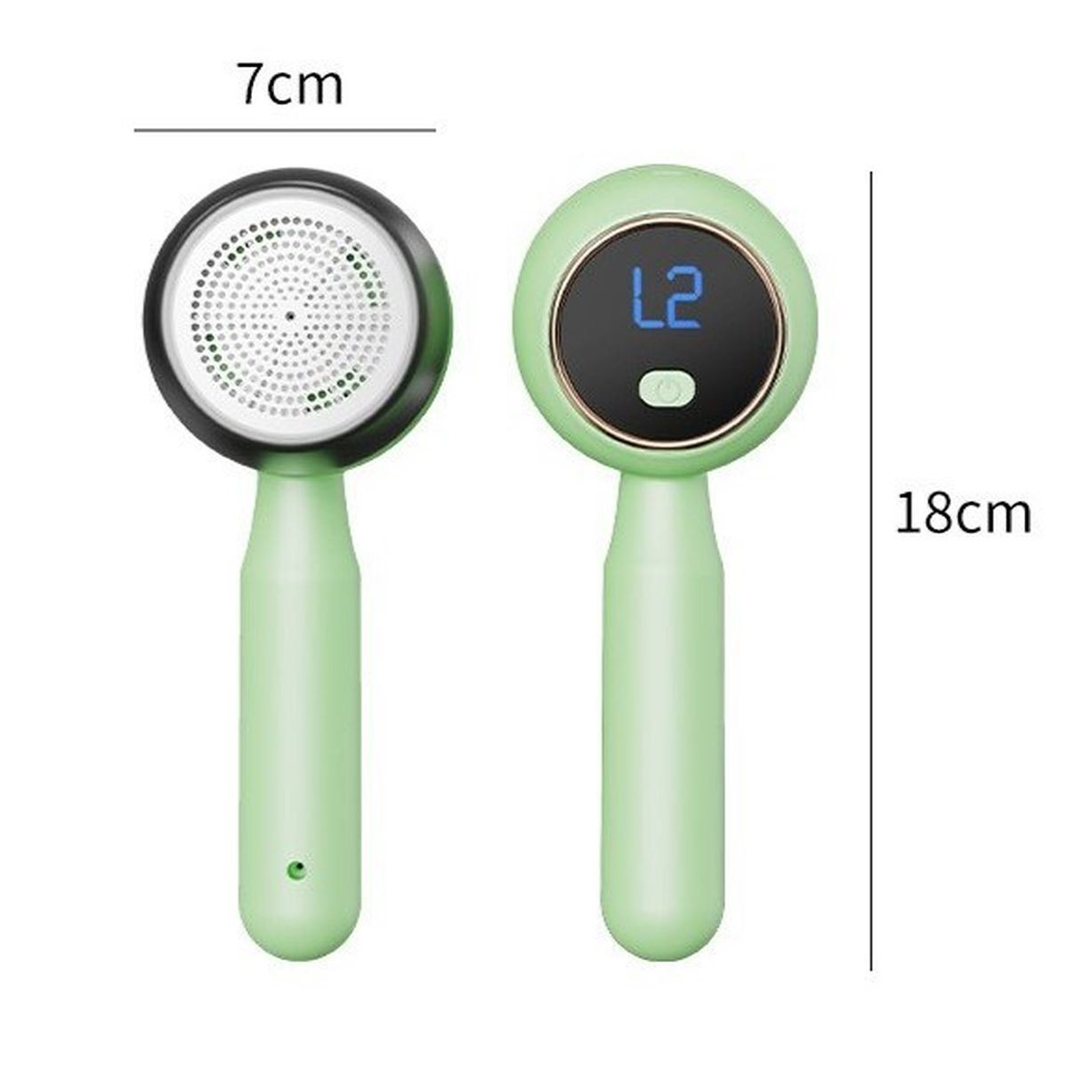 Grüner Fusselrasierer, 7 cm breit und 18 cm hoch mit digitaler Anzeige.
