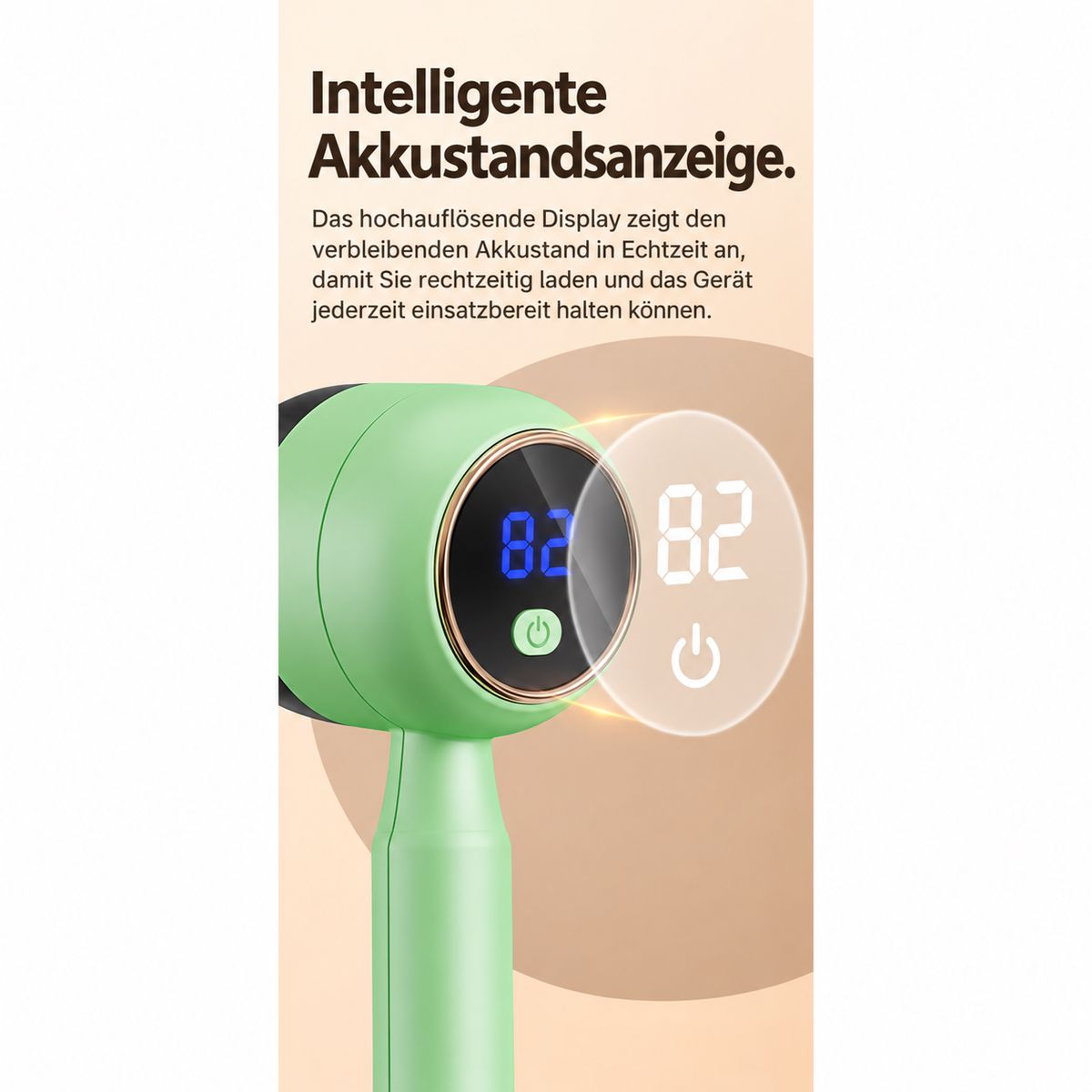 Grünes Handgerät mit digitalem Display zeigt 82 Prozent Akkuladestand und einen Power-Button.