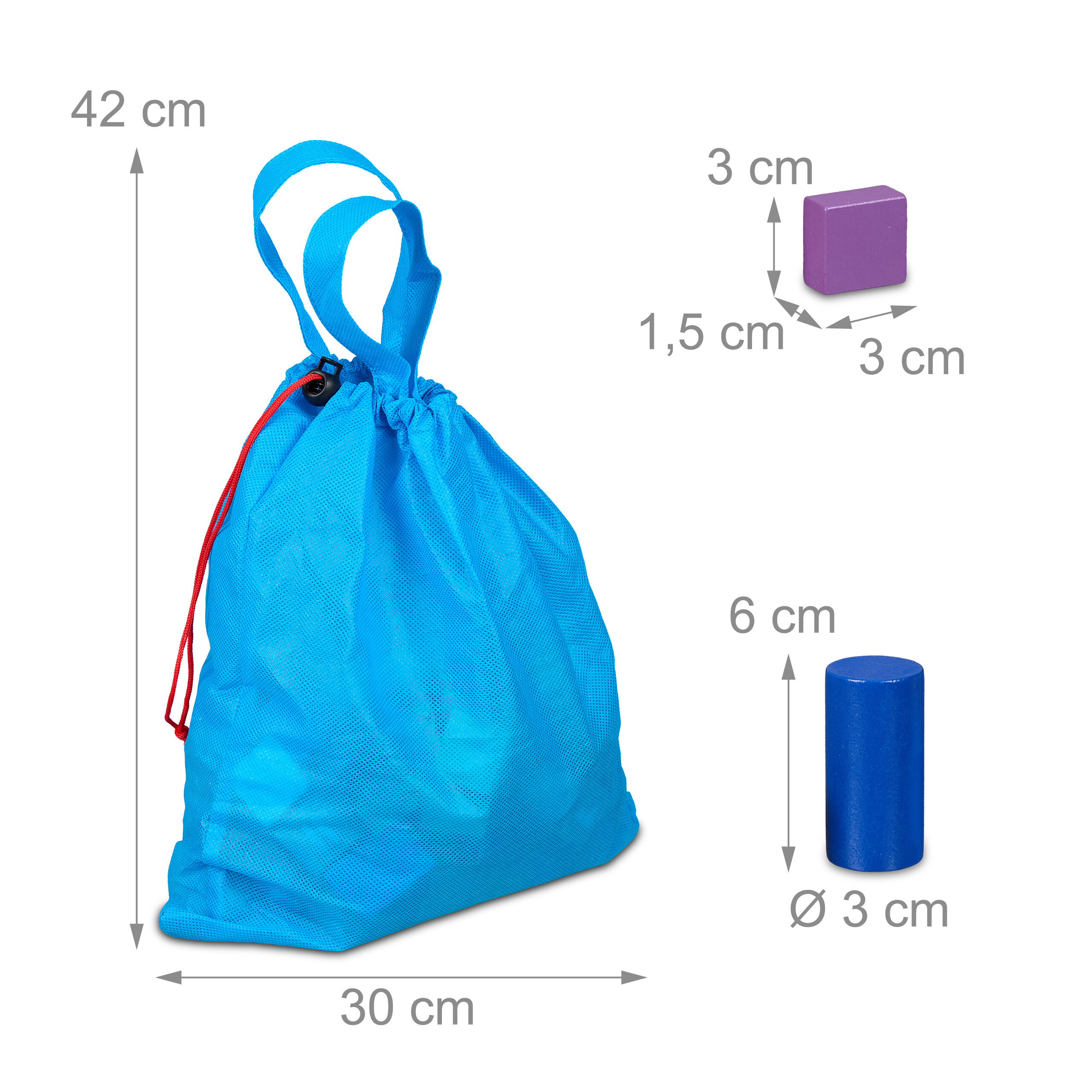 Blaue Stofftasche mit Kordelzug und Maßen sowie Holzteile daneben.