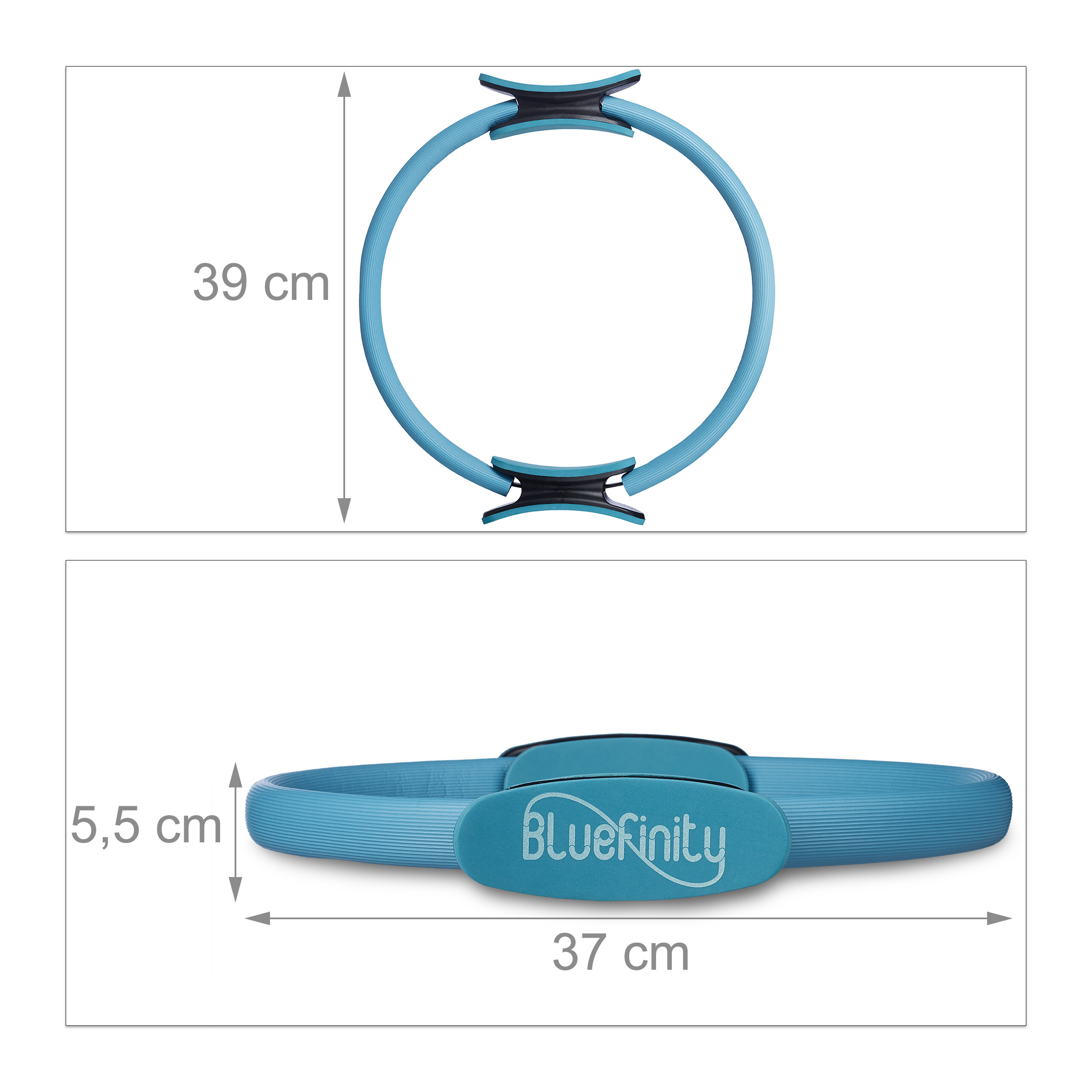 Zwei Abbildungen zeigen einen blauen Pilatesring mit Maßen von 39 cm, 37 cm und 5,5 cm.