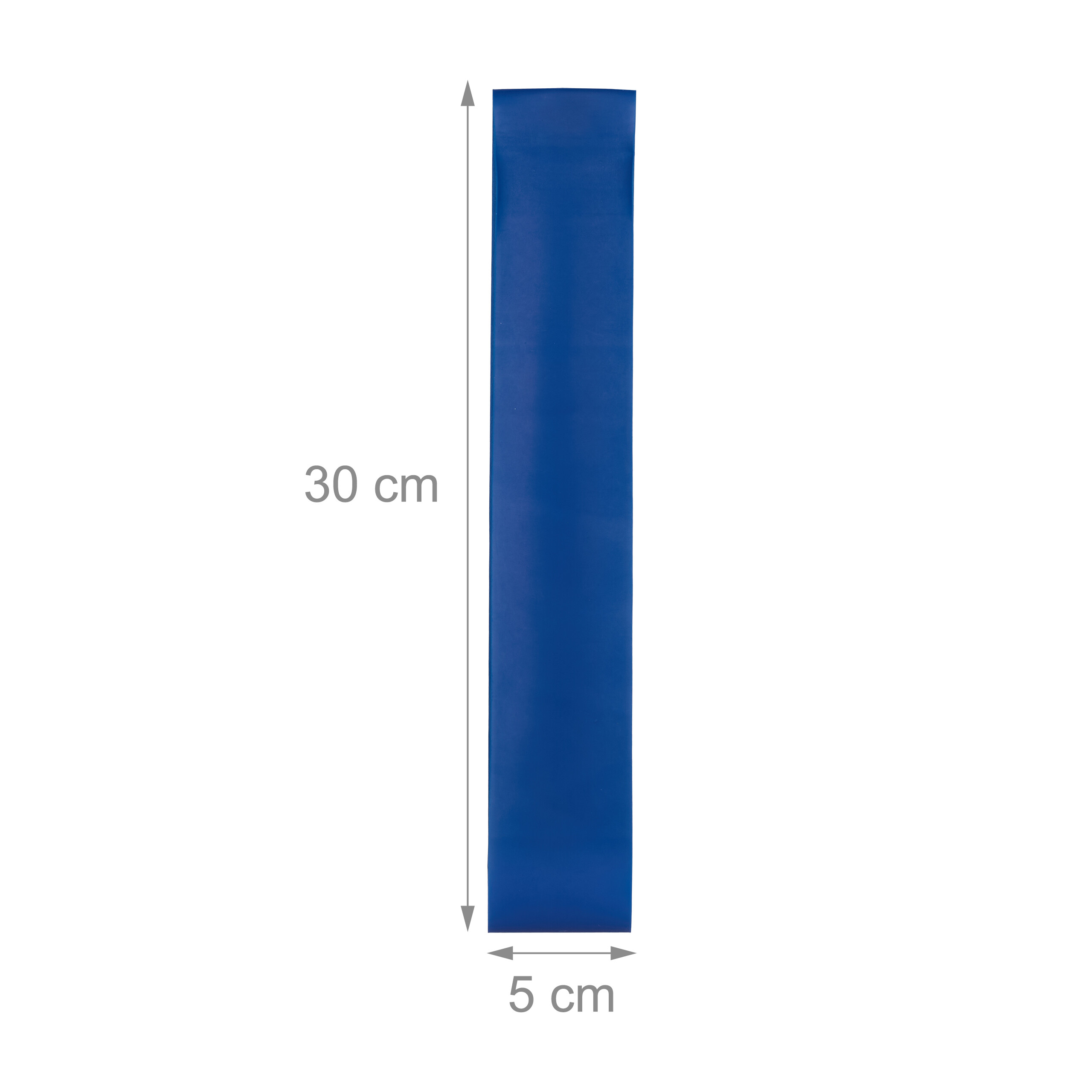 Ein flaches, blaues Widerstandsband, 30 cm lang und 5 cm breit, vor weißem Hintergrund.