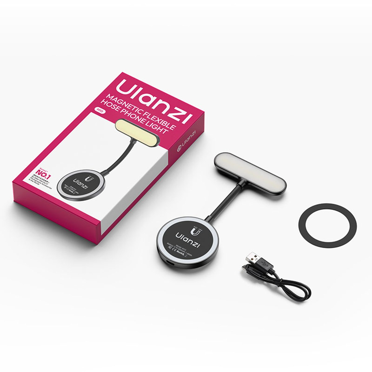 Ulanzi magnetic flexible phone light with box, USB cable, and metal ring on white background.