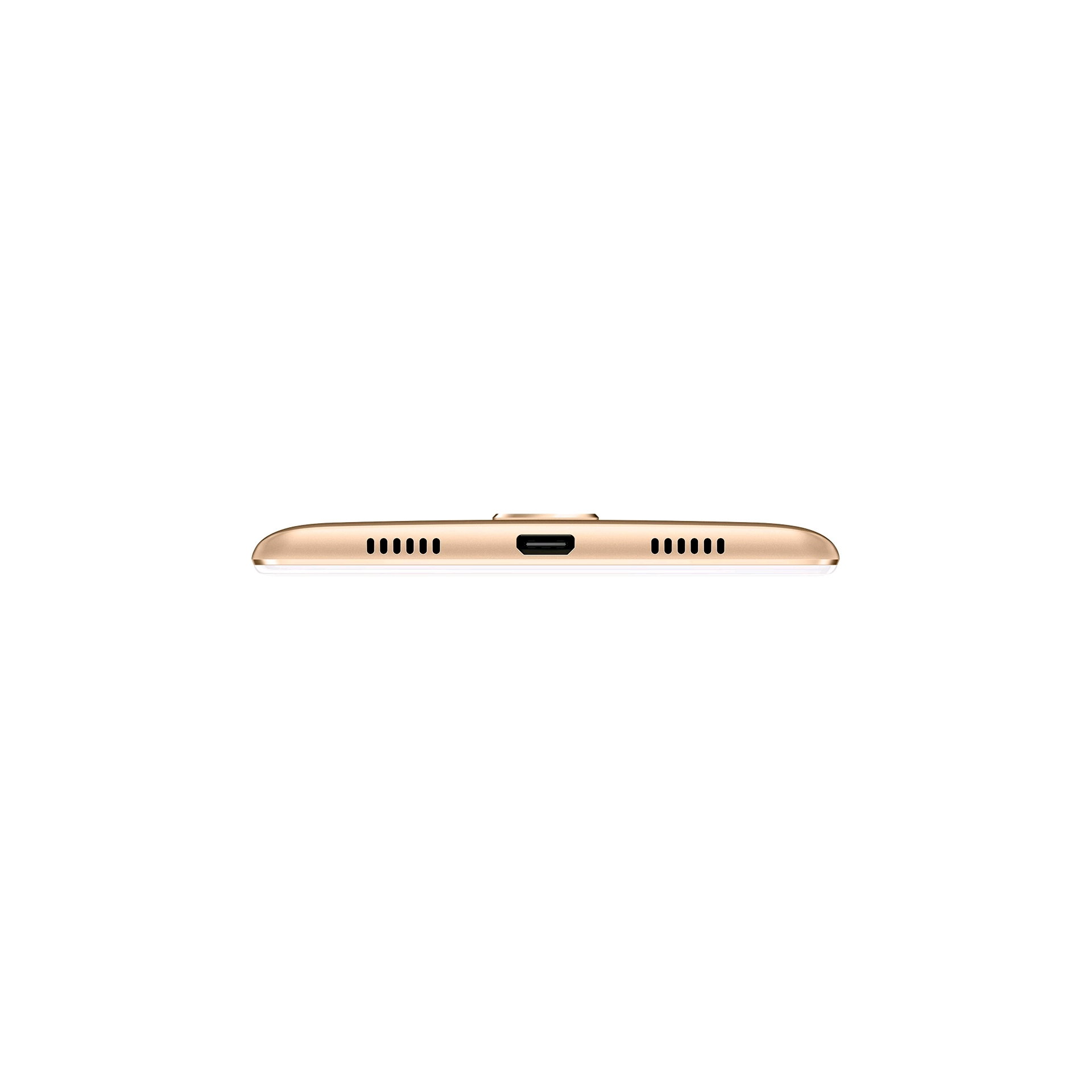 Die Unterseite eines goldenen Smartphones mit einem USB-Anschluss und Lautsprechern auf einer weissen Hintergrund.