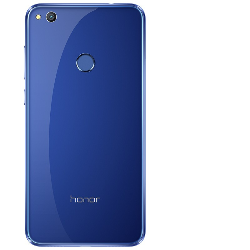 Blaue Rückseite eines Honor-Smartphones mit Kamera, Fingerabdrucksensor und silberner Markeninschrift auf weißem Grund.