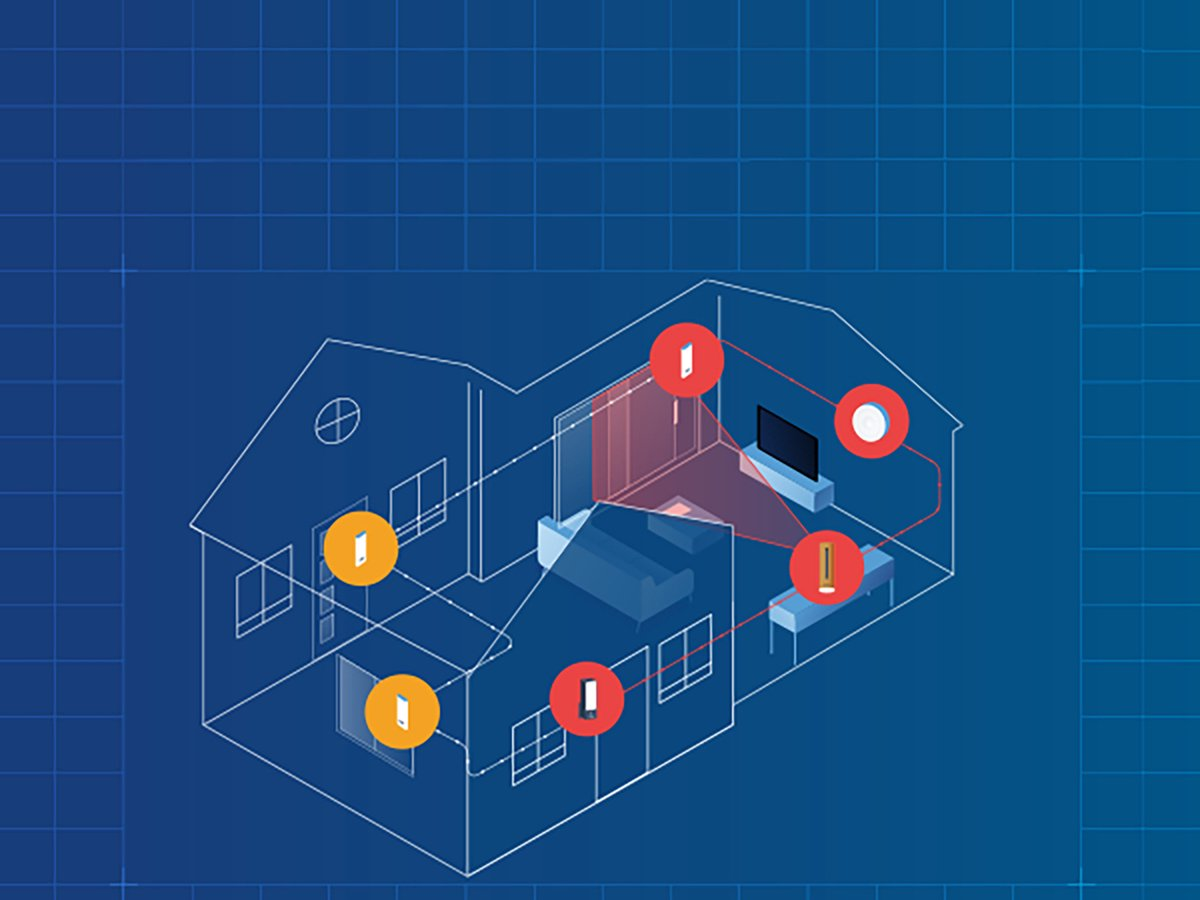 Hausgrundriss in Blau mit roten und orangen Markierungen, die intelligente Geräte und deren Verbindungen zeigen.