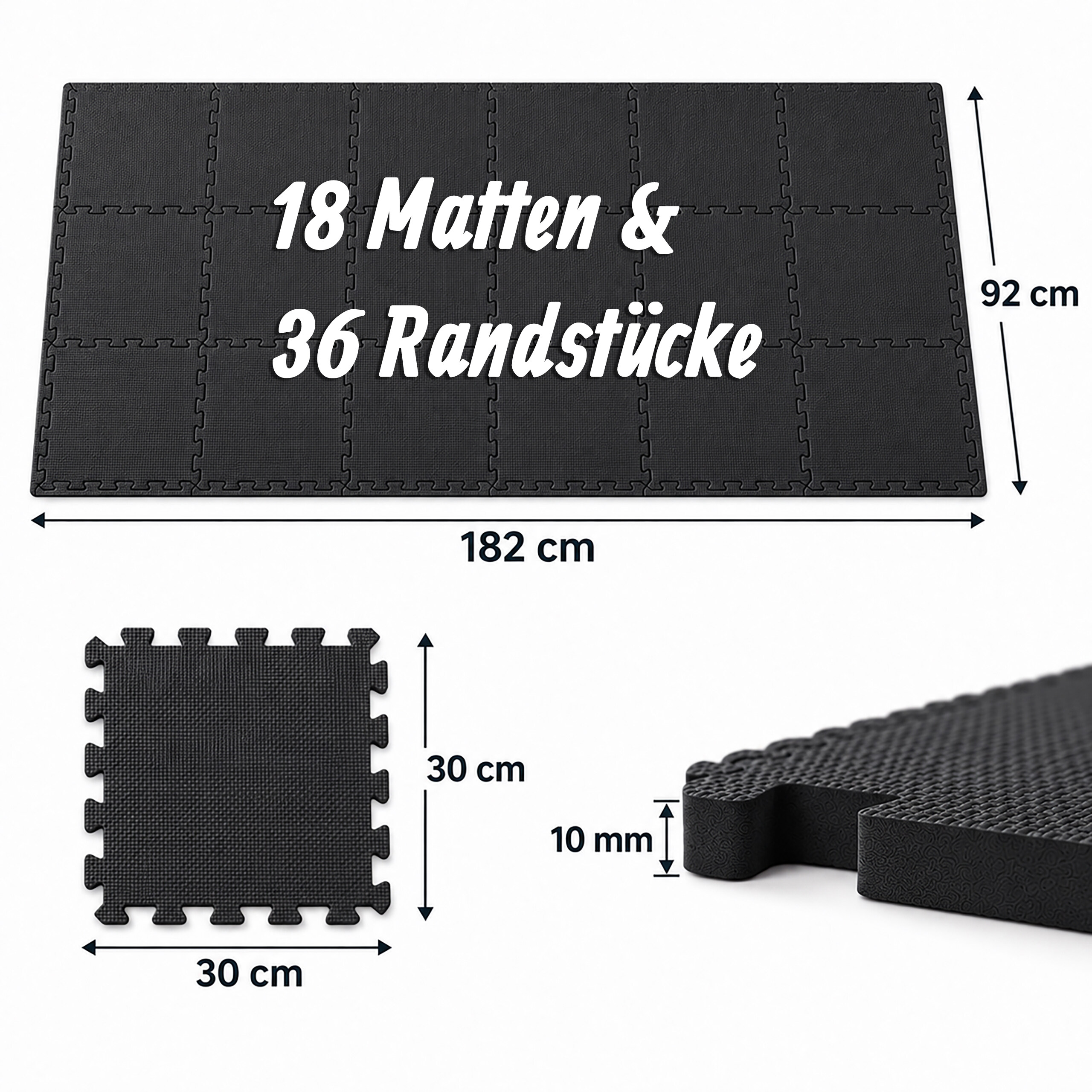 Schwarze Puzzlematten mit Maßen: 18 Matten, 36 Randstücke, 182x92 cm, Einzeltiefe 10 mm.