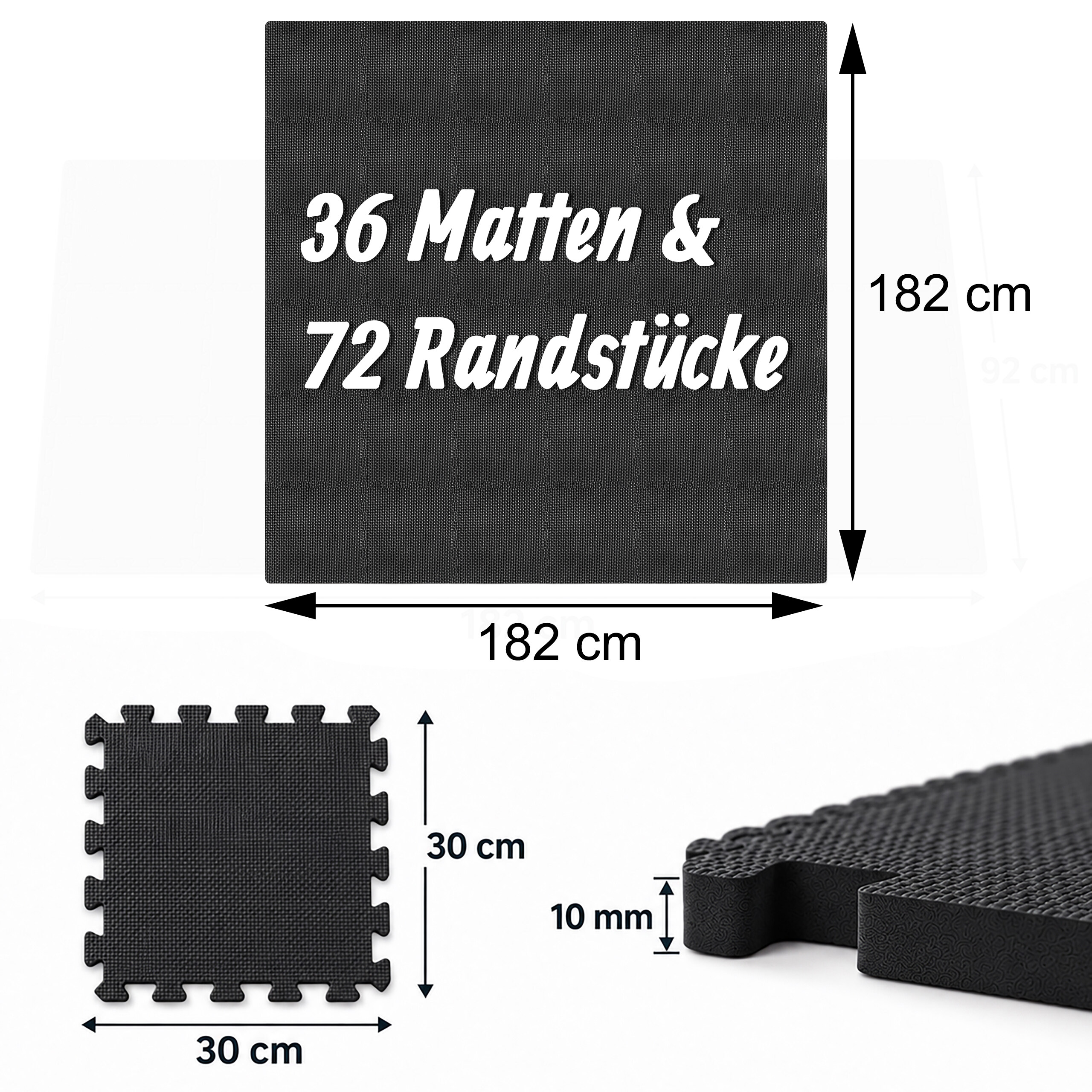 Schwarze Schaumstoff-Puzzlematten, 182x182 cm, 36 Matten, 72 Ränder, 30x30 cm je Matte, 10 mm dick.