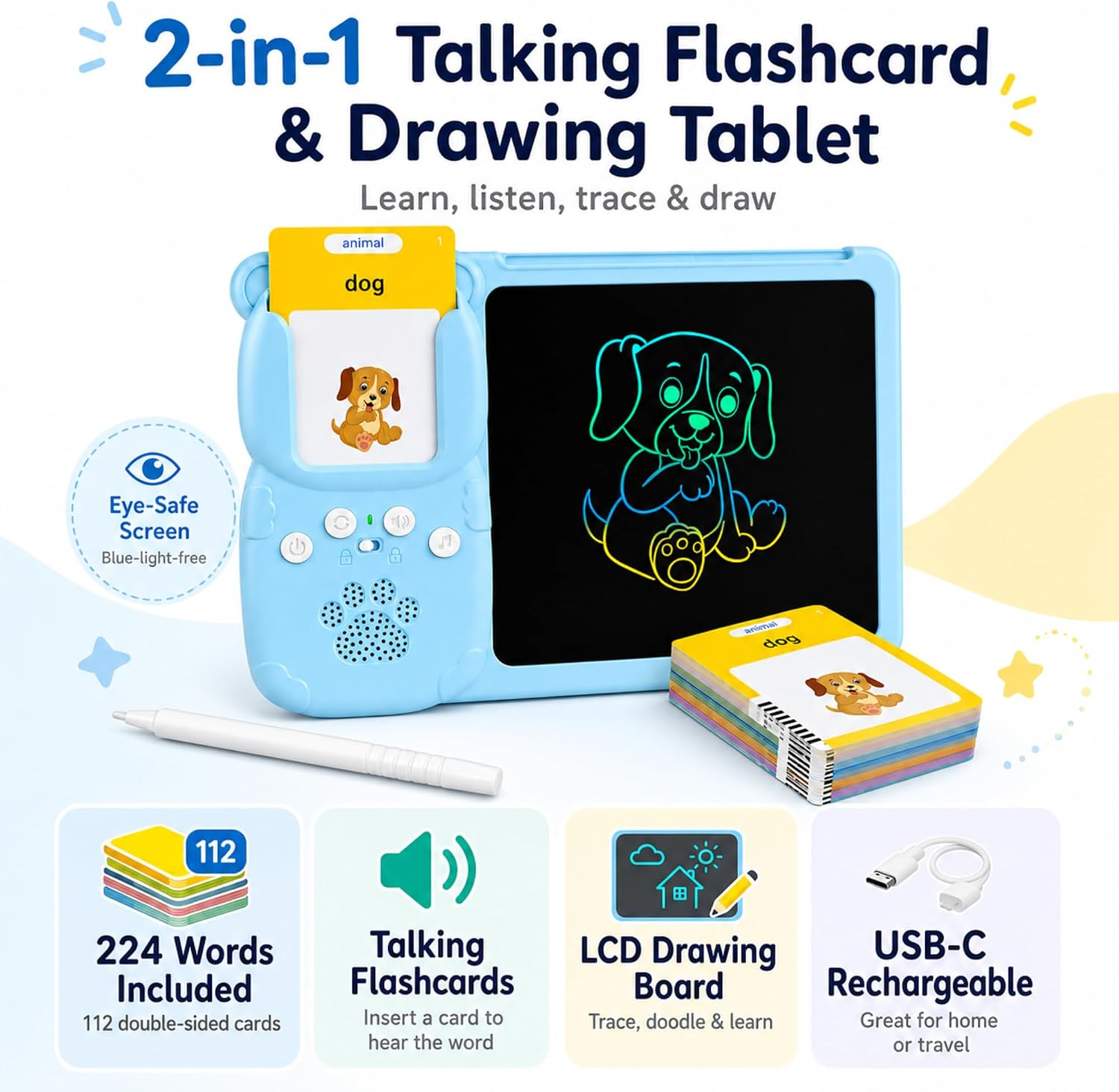 Ein blaues 2-in-1-Lernspielzeug mit LCD-Zeichentafel, Sprachkarten und einem Stift.