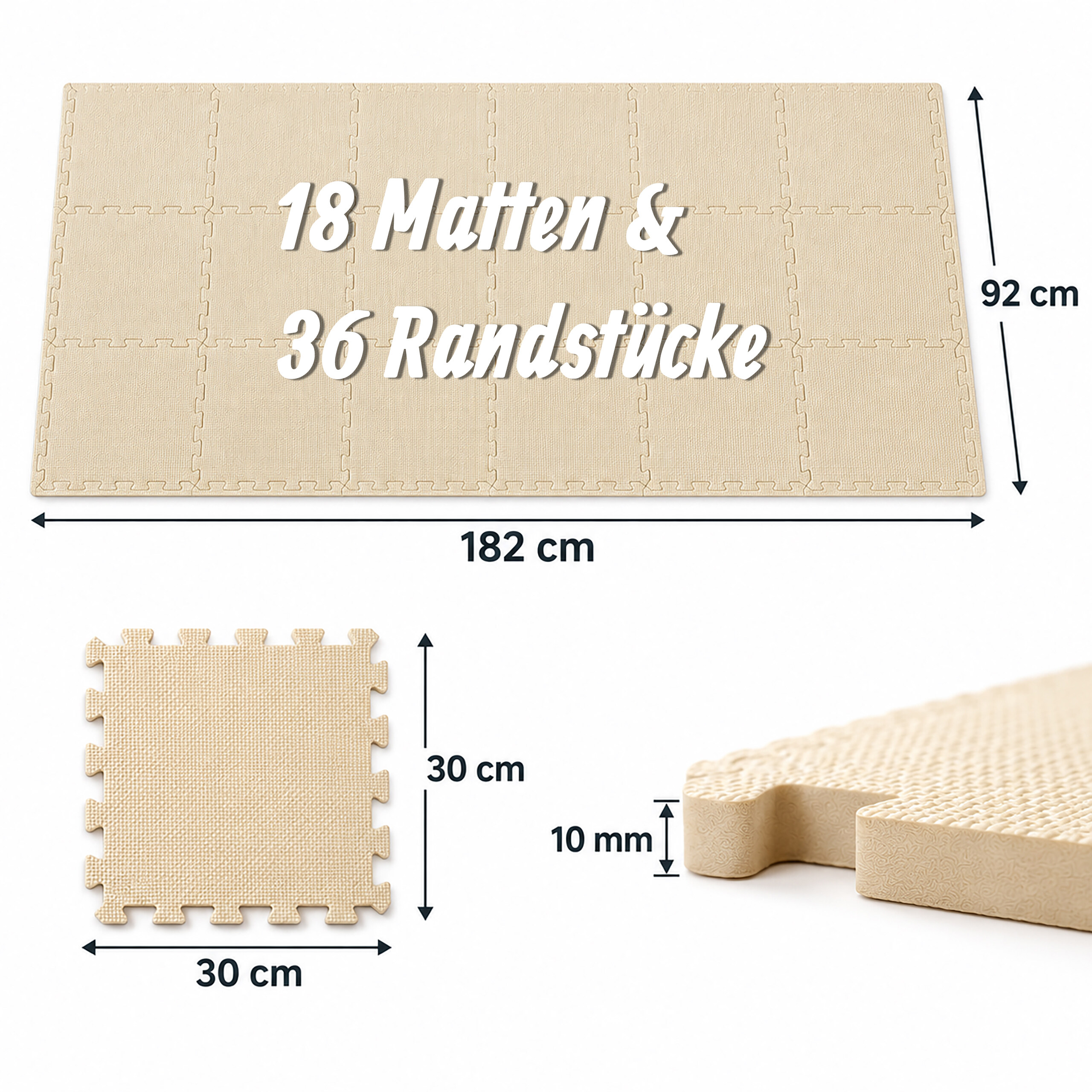 Beige Puzzlematten 182x92 cm mit Maßen für Einzelteil und Dicke.