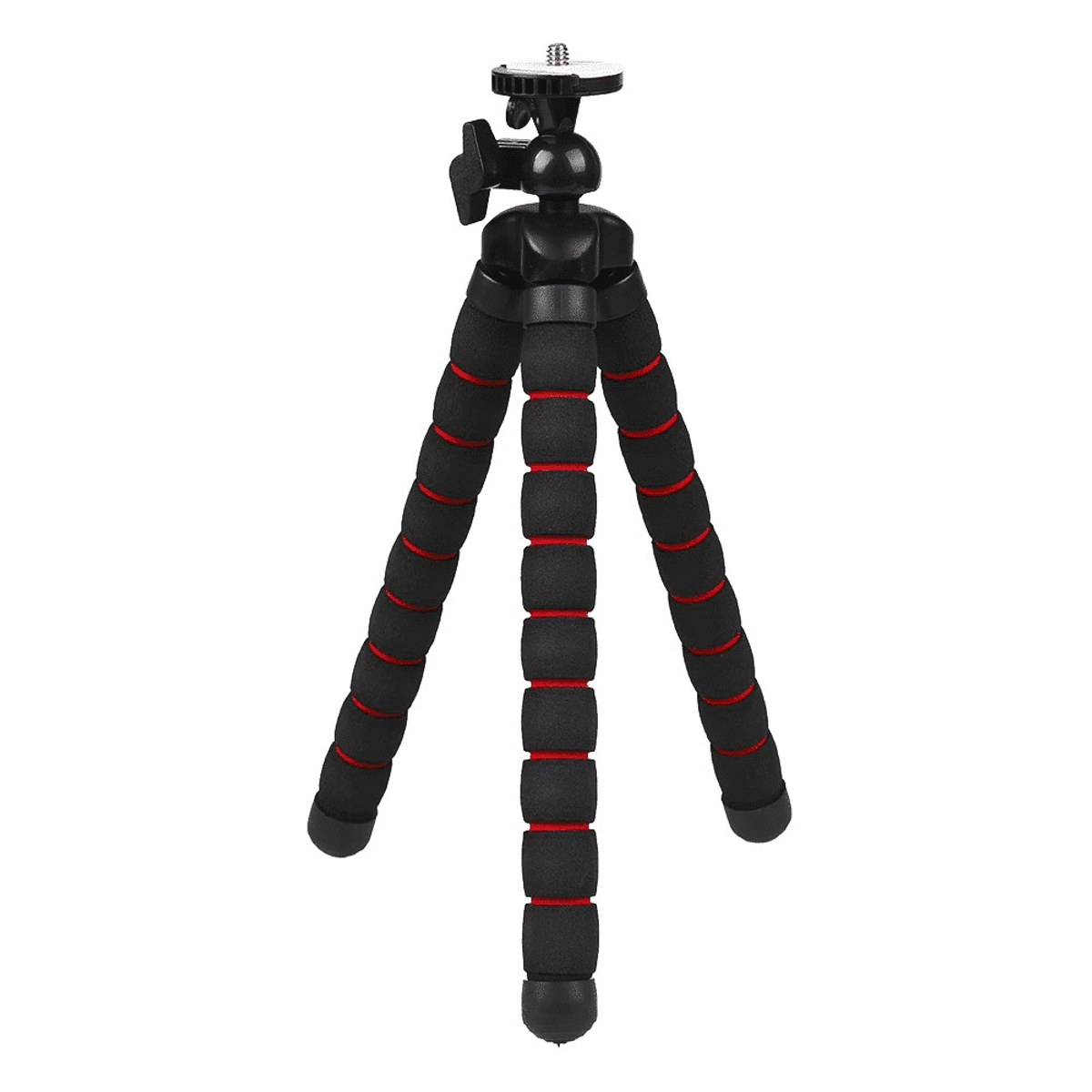A black and red flexible mini tripod with a ball head and mounting screw against a plain white background.