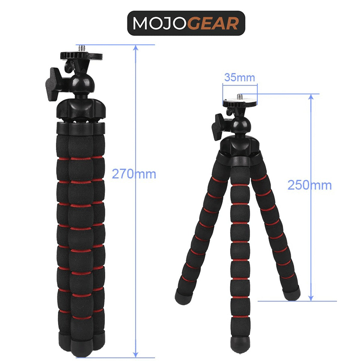 Two black and red flexible mini tripods with height measurements of 270mm and 250mm.
