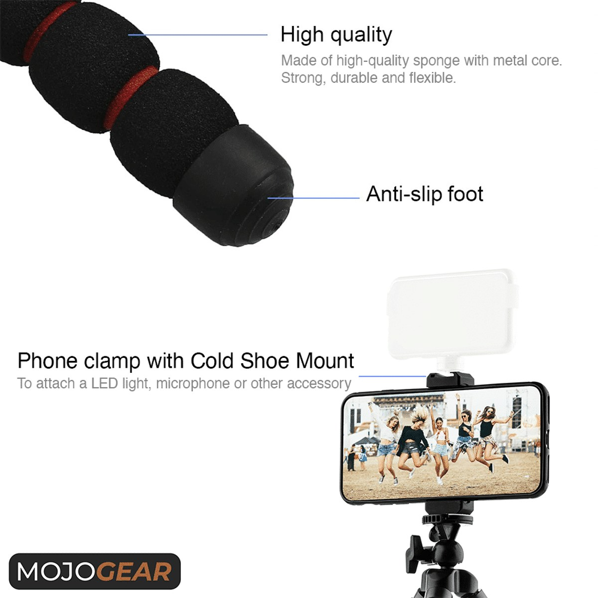 Flexible foam tripod legs and non-slip mount holding a smartphone with an LED light.