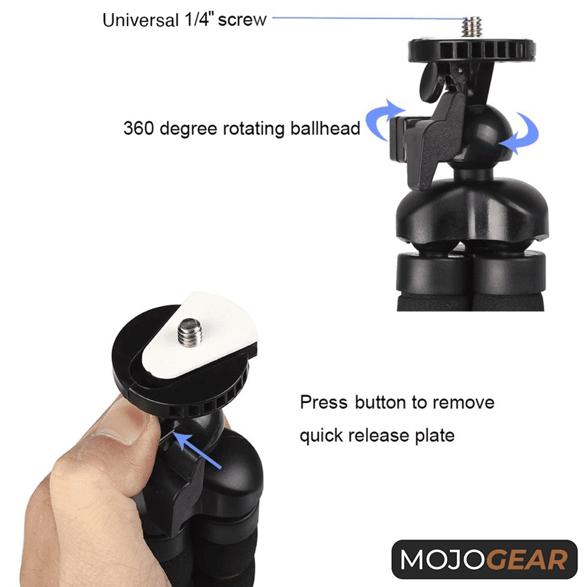 Tripod featuring a universal 1/4" screw, 360-degree rotating ballhead, and quick release plate.
