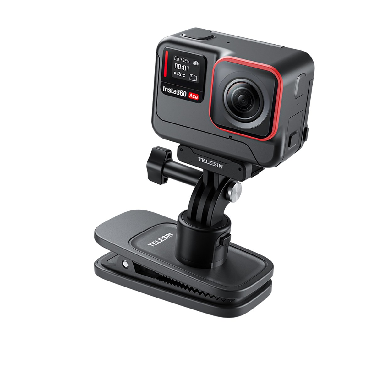 Zwarte Insta360 Ace actiecamera gemonteerd op een Telesin houder en klem tegen een witte achtergrond.