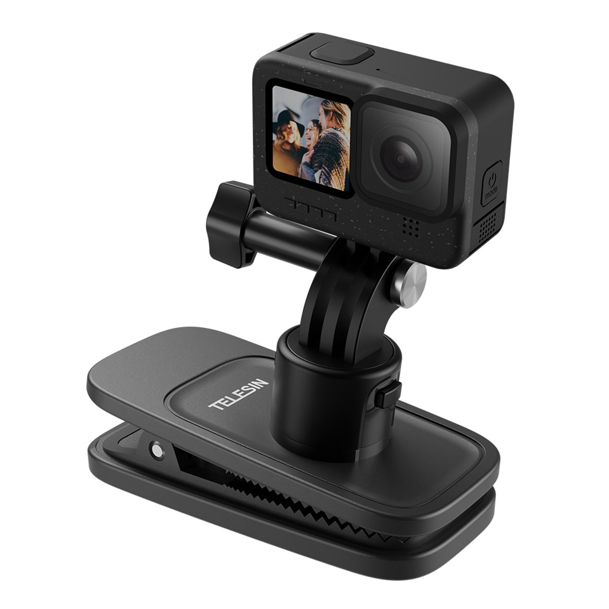 Zwarte Telesin actioncam gemonteerd op een stevige klembevestiging met draaibare arm.