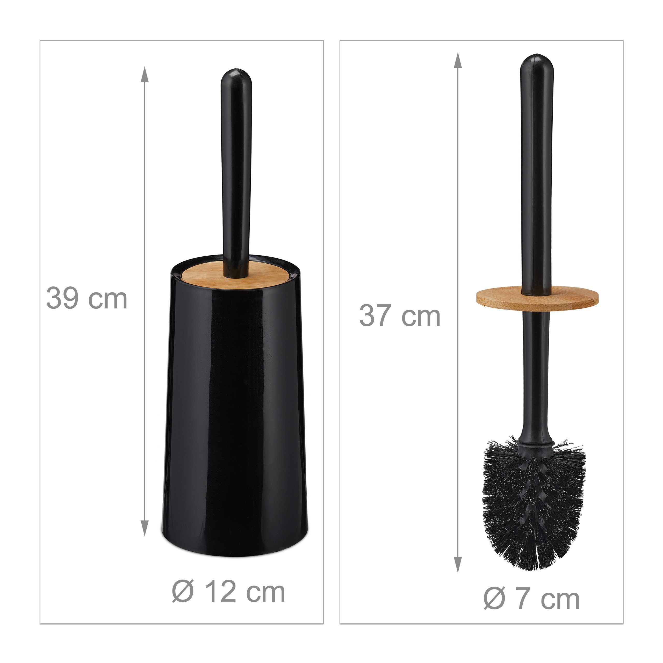 Technische Zeichnung einer schwarzen Klosettbürste mit Bambusdeckel und Halter, Maße 39 cm und 37 cm.