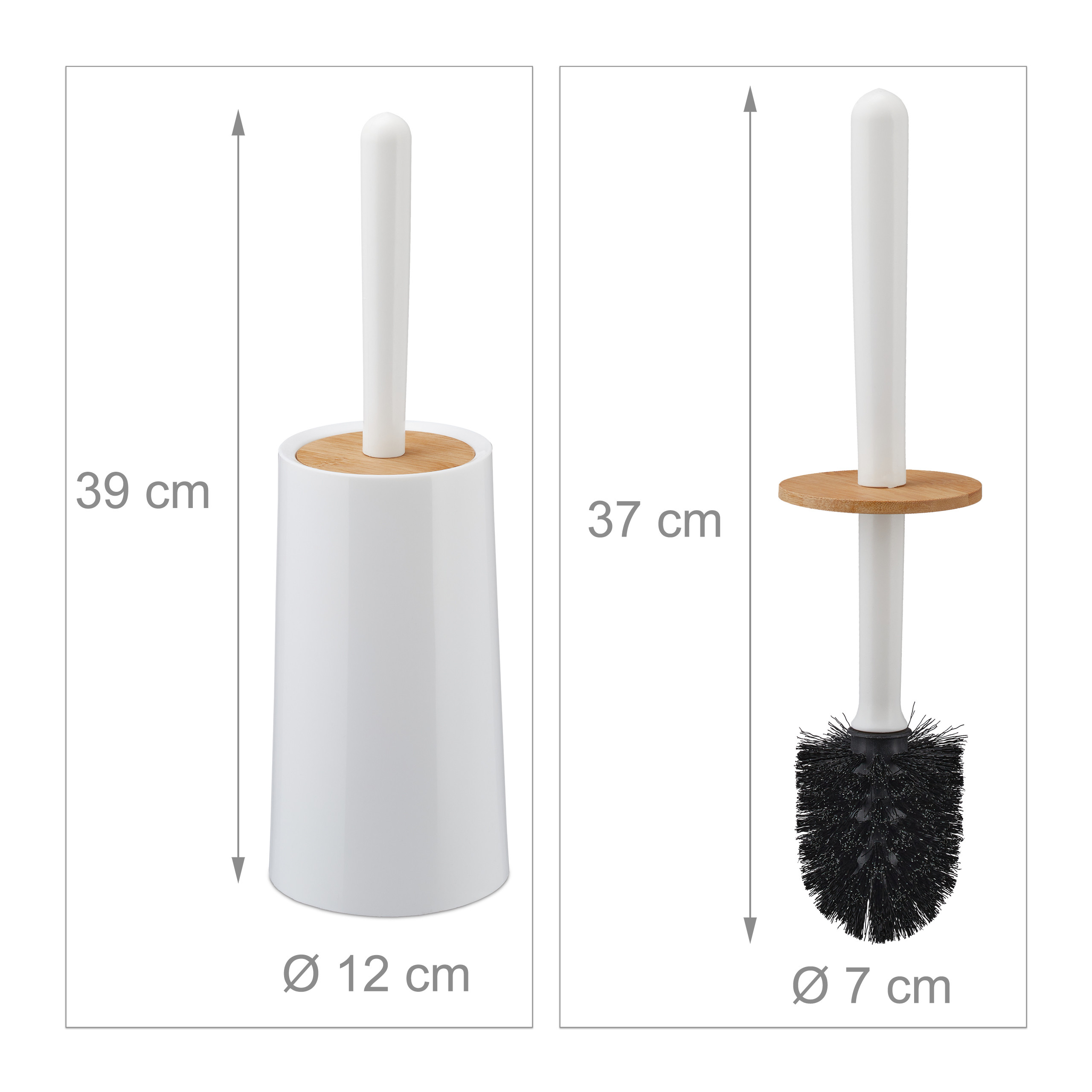 Technische Zeichnung einer weißen Toilettenbürste mit Bambusdetails und Maßangaben.