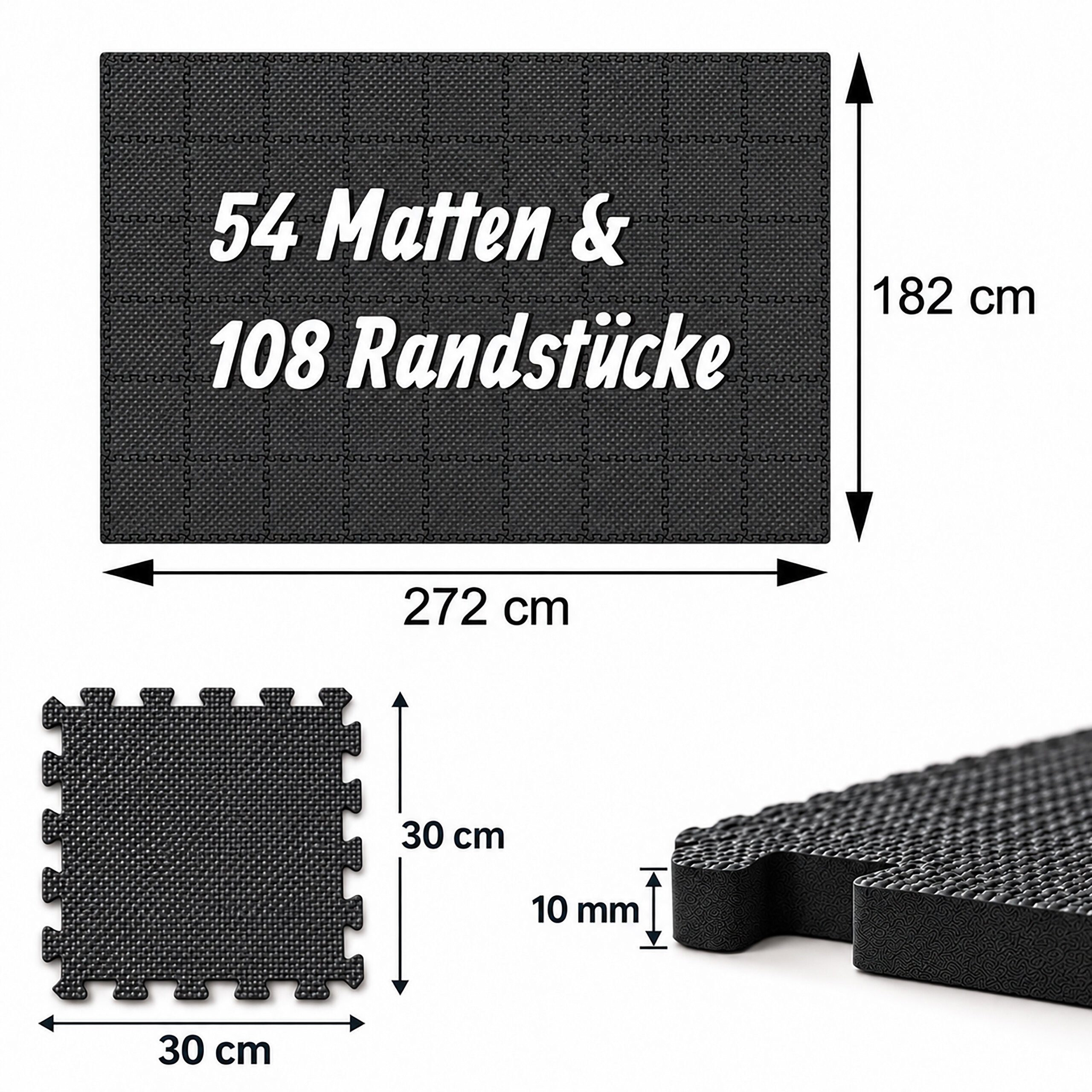 Schwarze Puzzlematten mit Maßen: 54 Matten, 272x182 cm, Einzeltiefe 10 mm.