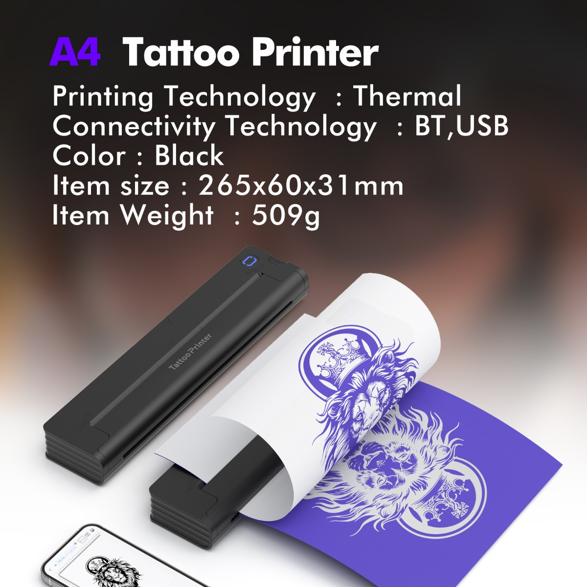 Ein schwarzer A4-Thermotätowierungsdrucker mit gedrucktem Papier mit Löwenmotiv und Textdetails oben.