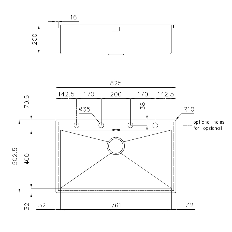 Disegno tecnico di un lavello con dimensioni in millimetri, vista laterale e dall'alto.