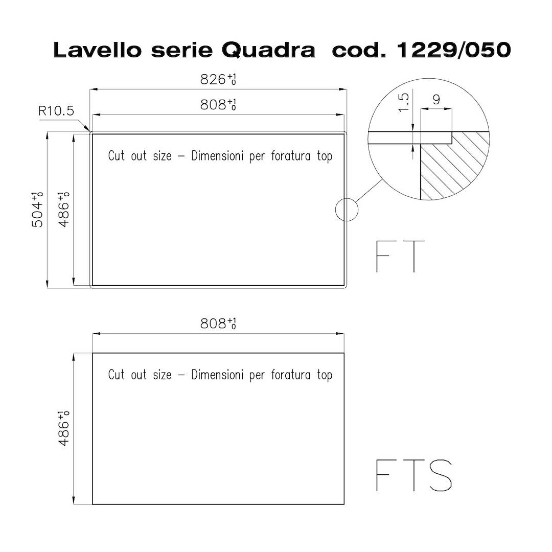 Disegno tecnico del Lavello Quadra 1229/050 con quote e dettagli di foratura.