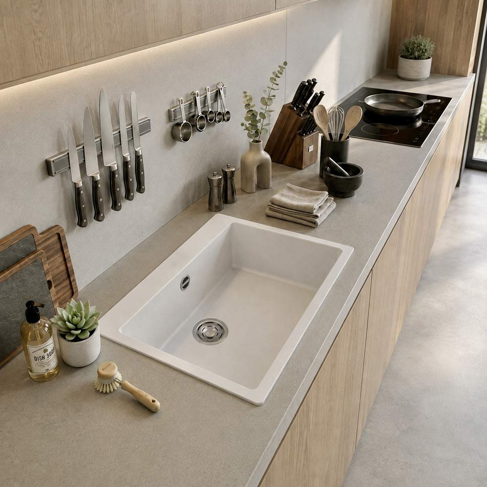 Un moderno piano cucina con lavello bianco, coltelli appesi, utensili e piano cottura.