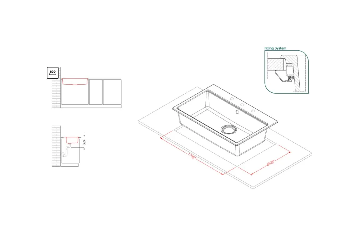 Disegno tecnico di un lavello con dimensioni, dettagli di installazione e misure di taglio su sfondo bianco.