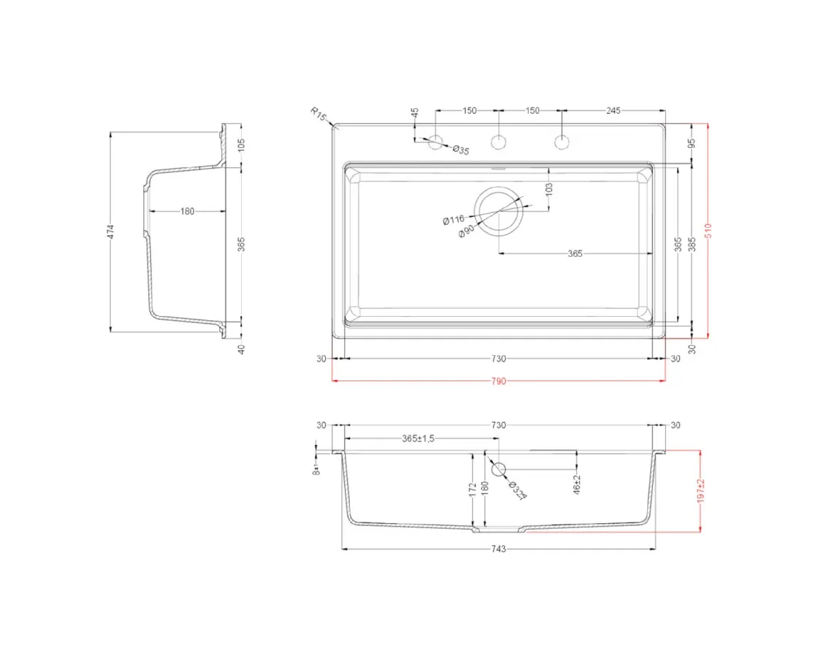 Disegno tecnico di un lavello rettangolare con misure dimensionali in vista dall'alto, laterale e frontale.