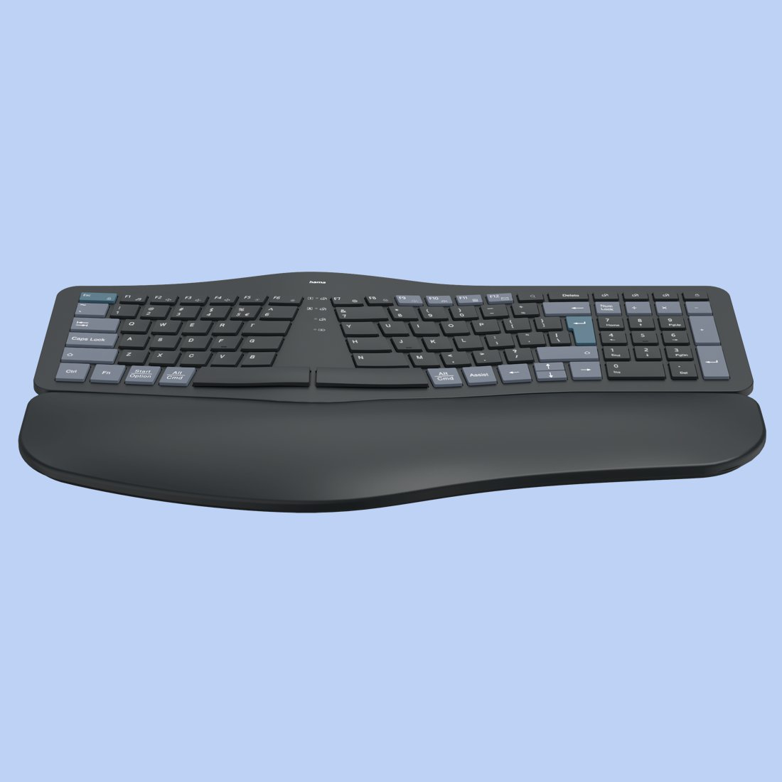Ergonomiczna czarna klawiatura z zintegrowaną podkładką pod nadgarstki na jasnym tle.