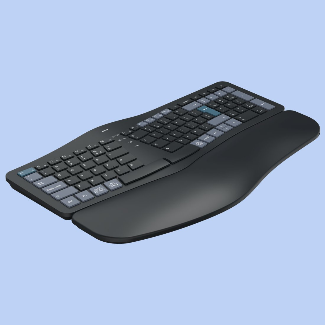 Ergonomiczna, czarna klawiatura bezprzewodowa z wbudowaną podkładką pod nadgarstki na jasnoniebieskim tle.
