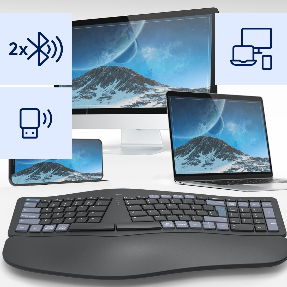 Ergonomiczna klawiatura bezprzewodowa, monitor, laptop i telefon z ikonami funkcji w tle.