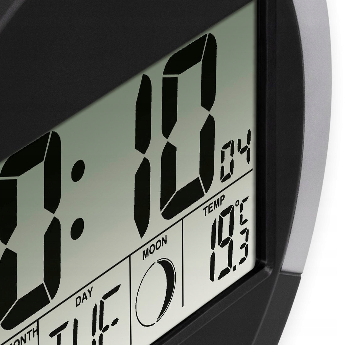 Digitale Wanduhr mit großem LCD-Bildschirm, der Zeit, Temperatur und Mondphase anzeigt.