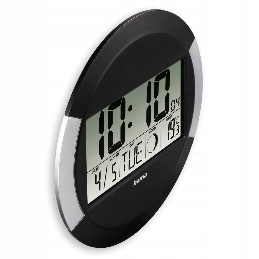 Schwarze digitale Wanduhr mit großem LCD-Display, Temperatur und Datum.