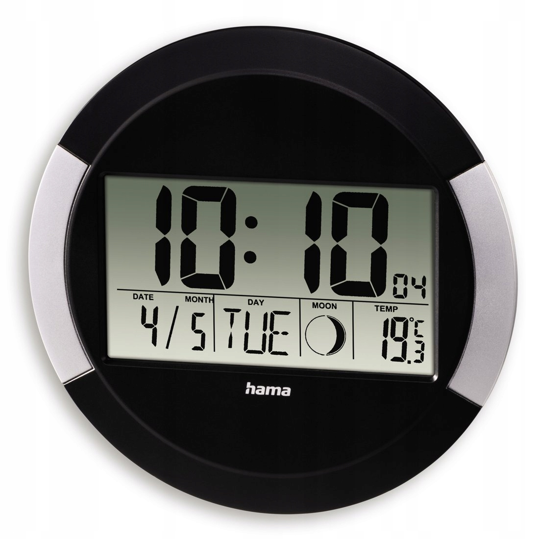 Eine runde schwarze Wanduhr mit digitaler Anzeige für Uhrzeit, Datum, Tag, Mondphase und Temperatur.
