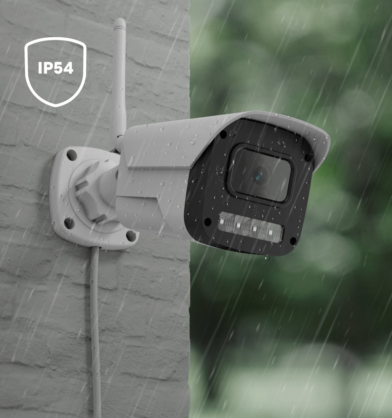 Odporna na warunki atmosferyczne kamera IP54 na ceglanej ścianie w deszczu z anteną.