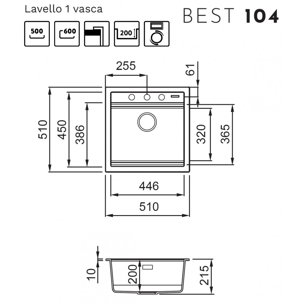 Disegno tecnico del lavello da cucina BEST 104 con misure in millimetri.