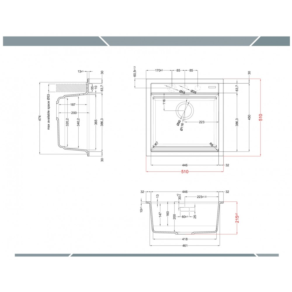 Disegno tecnico di un lavello da cucina con misure precise in millimetri da tre diverse prospettive.
