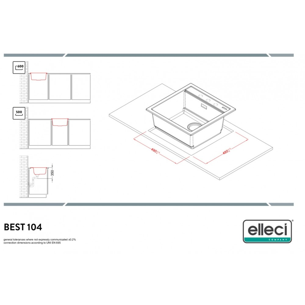 Disegno tecnico di un lavello da cucina Elleci BEST 104 con dimensioni e guida all'installazione.