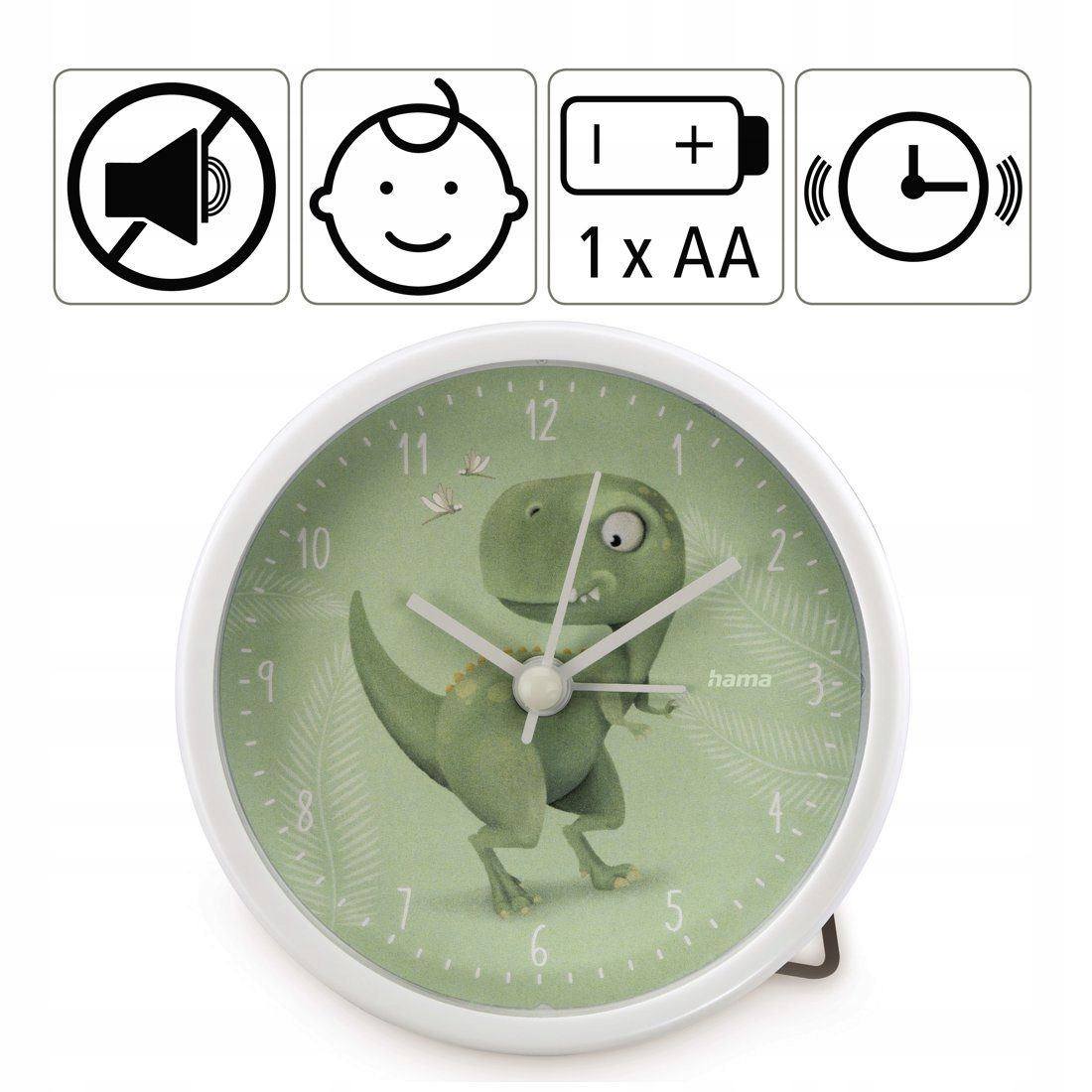 Grüner Kinderwecker mit Dinosaurier-Motiv und vier Symbolen oben.