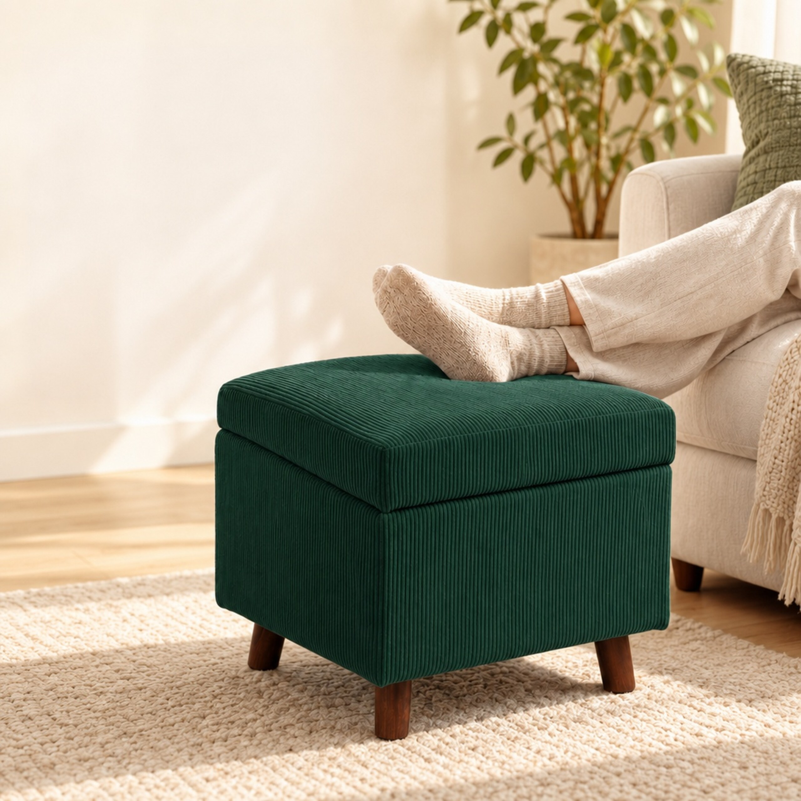 Ein dunkelgrüner Cord-Hocker auf einem cremefarbenen Teppich mit darauf ruhenden Füßen.