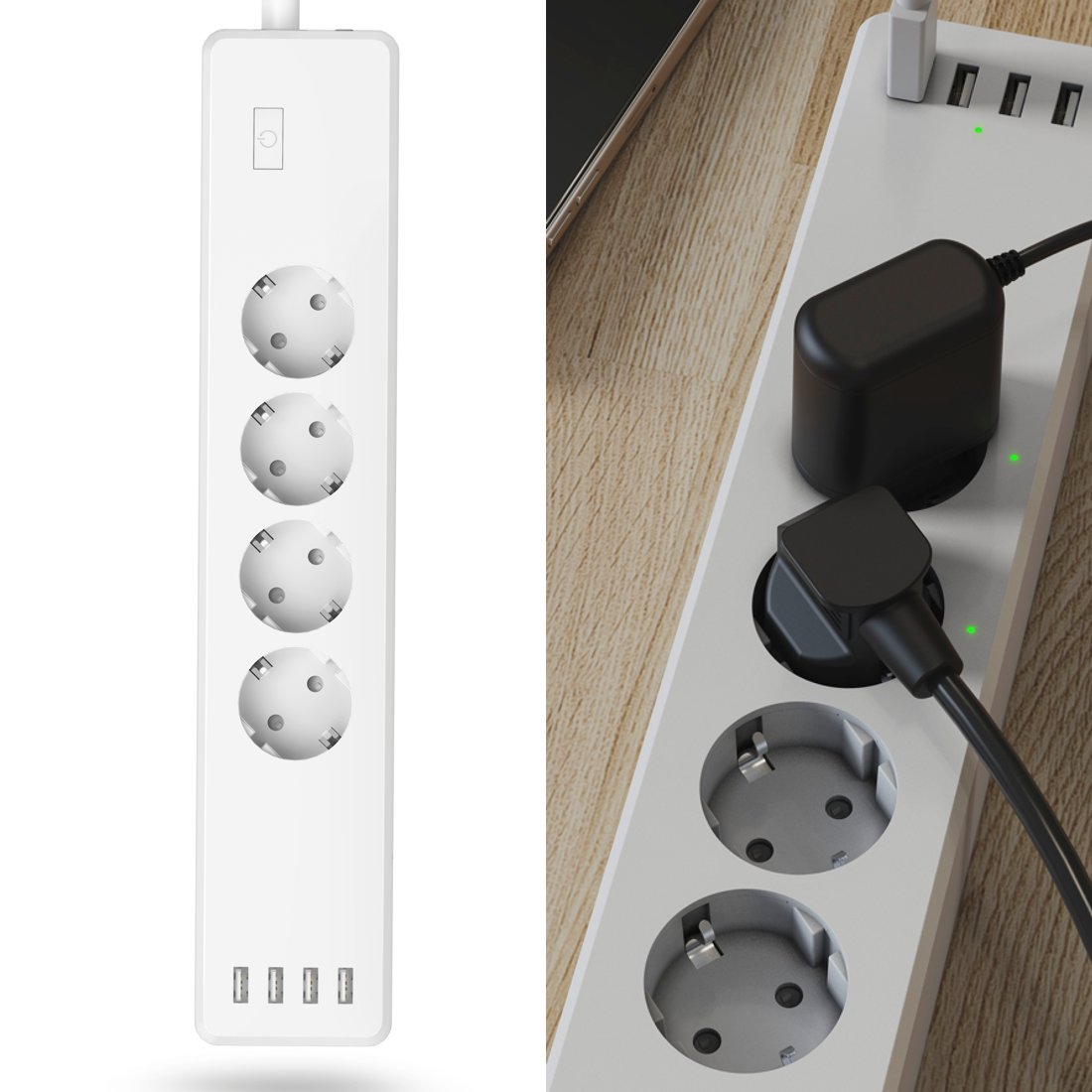 Biała listwa zasilająca z czterema gniazdami i czterema portami USB na drewnianym biurku.