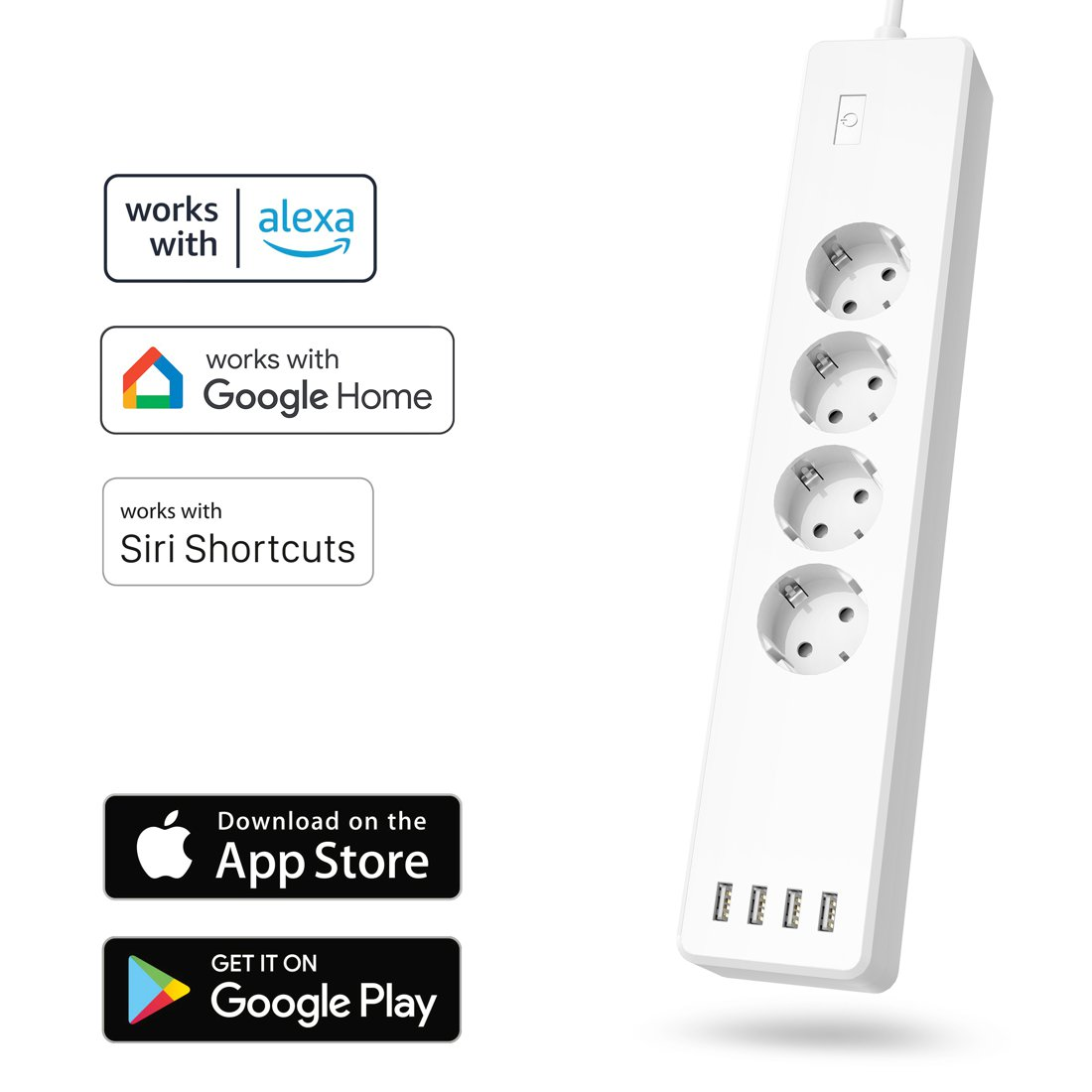 Biała inteligentna listwa zasilająca z czterema gniazdami i czterema portami USB, kompatybilna z Alexa, Google Home i Siri.