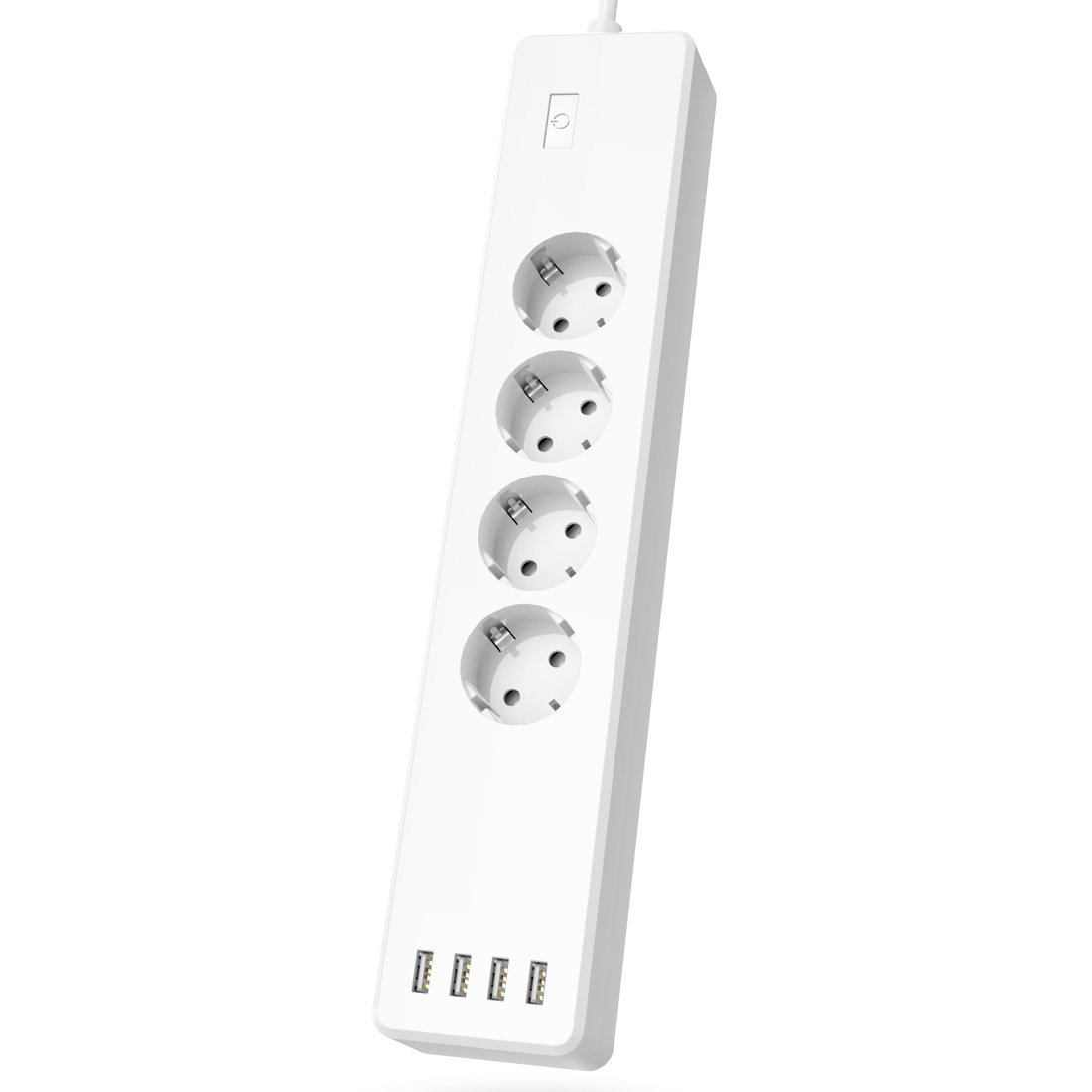 Biała listwa zasilająca z czterema gniazdami i czterema portami USB na białym tle.