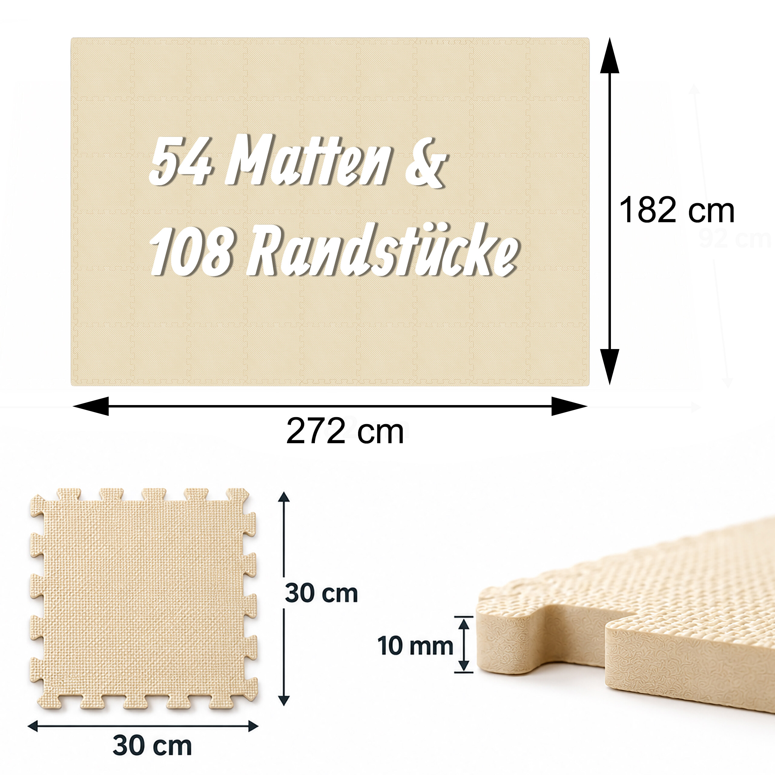 Diagramm zeigt 54 Matten, 108 Randstücke, Maße 272x182 cm, Einzeltiefe 30x30 cm, Dicke 10 mm.
