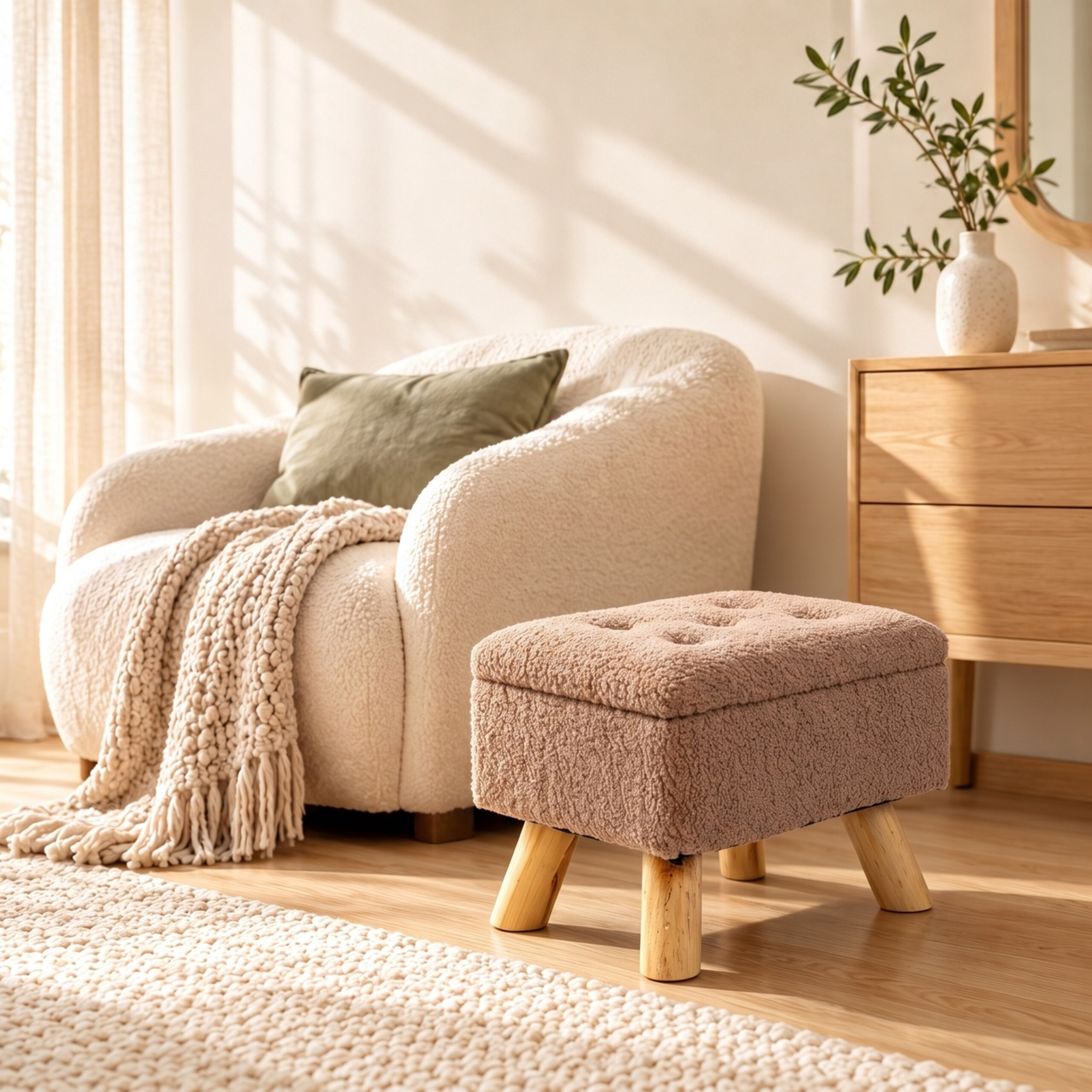 Ein cremefarbener Sessel mit Decke und grünem Kissen, ein getufteter Hocker und eine Holzkommode in einem sonnigen Raum.